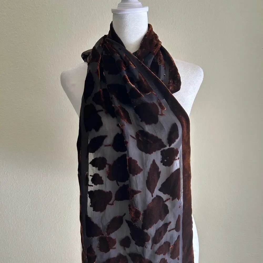 Silk Velvet Burnout Scarf Brown Leaf Floral Wrap Sheer Luxury Shawl Elegant